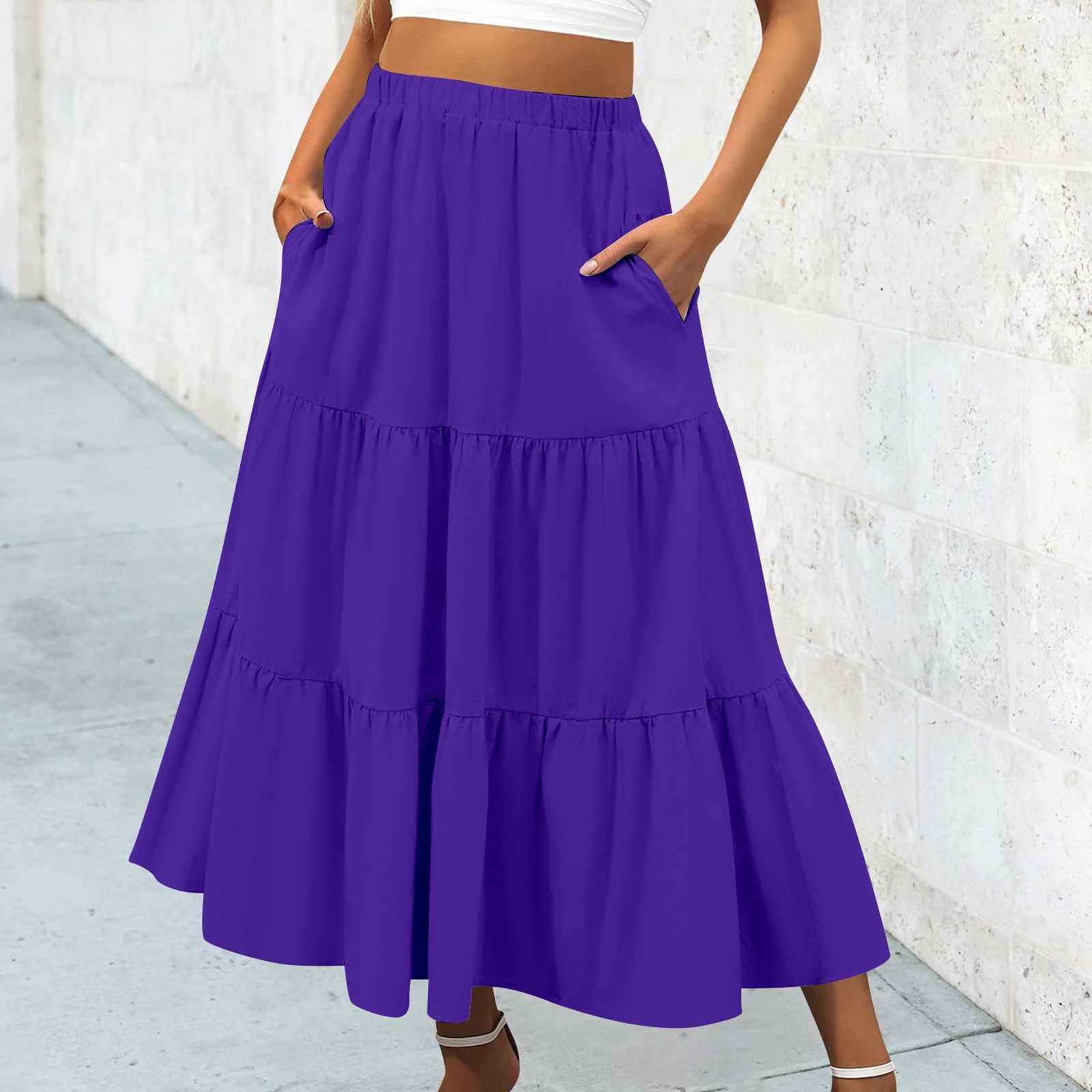 thumbnail image 2 of Falda boho de verano con cintura elástica y pliegues en línea A para mujer: falda de playa fluida con bolsillos, poliéster ligero para primavera/verano/otoño., 2 of 4